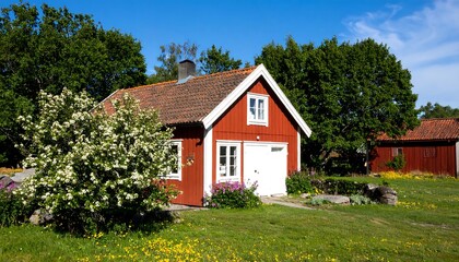 Red cottage in a sunny meadow