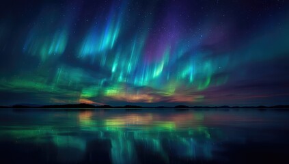 Naklejka premium Aurora borealis reflecting on a calm lake at dawn