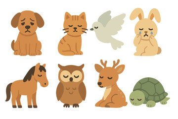 Obraz premium Animal Mourning Icons. Flat vector mini-illustrations mourning animals in colors children's illustrations: sad dog, lonely cat,