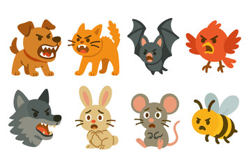 Obraz premium Animal Expressions Grid. Flat vector mini-illustrations terror in animals in colors children's illustrations: snarling dog,
