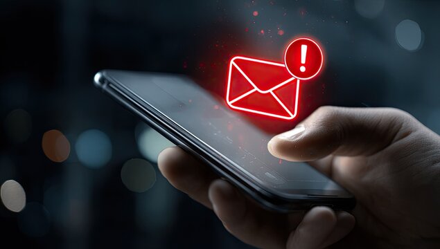 Hand holding phone with glowing red email notification