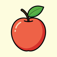 Cartoon Red Apple Illustration with Green Leaf and Brown Stem on Light Yellow Background