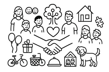 Blended Family Symbols. Hand-drawn doodle illustration blended family support handshake, parents and kids, heart, smiling faces,