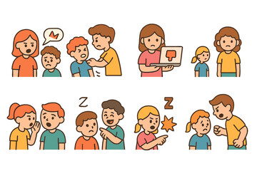 Fototapeta premium Bullying Types Icons. Flat vector mini-illustrations bullying types in colors children's illustrations: verbal bullying, physical