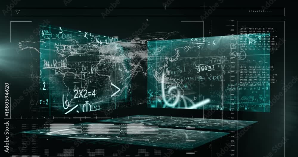 Poster animation of graphical infographic interface with programming data, mathematics formulas and map