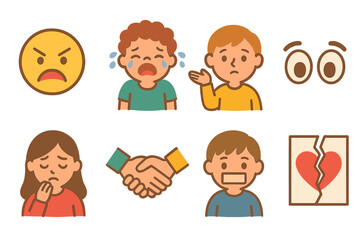 Obraz premium Children's Emotions Icons. Flat vector mini-illustrations betrayal emotions in colors children's illustrations: angry face, crying