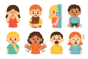 Children's Fear Illustrations. Flat vector mini-illustrations fear gestures and body language in colors children's illustrations: