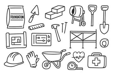 Doodle Construction and Medical Icons. Hand-drawn doodle illustration foundation cement bag, trowel, bricks, concrete mixer,