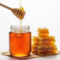 Jar of golden honey with honeycomb and dripping honey dipper