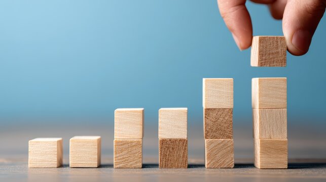 Man Demonstrating Growth and Development with Wooden Blocks, Ideal for Motivational Campaigns or Business Presentations, Inspiring Creativity and Success. - Powered by Adobe