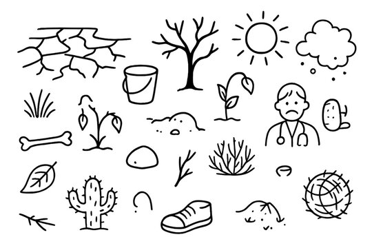 Doodle of Drought and Decay. Hand-drawn doodle illustration drought barrenness cracked soil, dry riverbed, dead tree, sun, dust