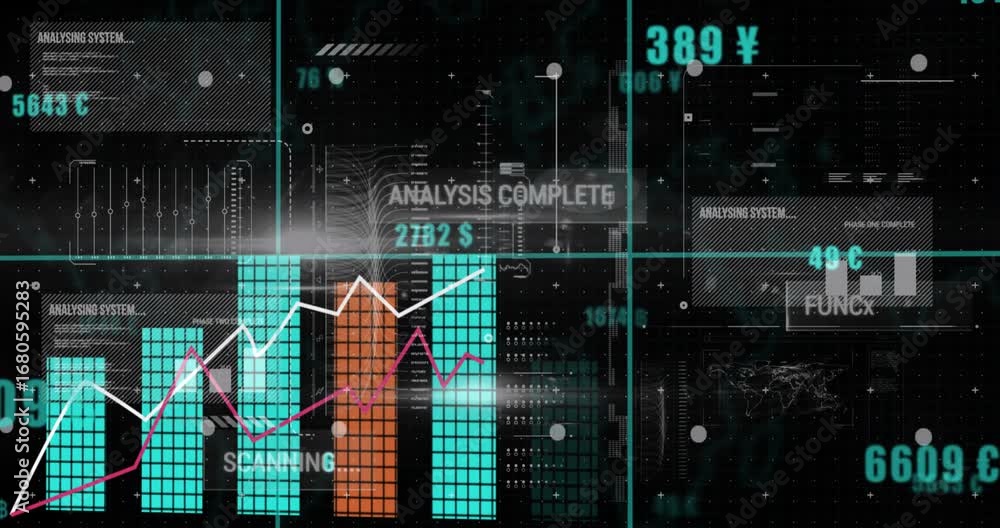 Poster animation of graphical infographic interface with growing bar and lines graphs