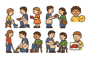 Children’s Shoe Shop Icons. Flat vector mini-illustrations cobbler customers in colors children's illustrations: shoe fitting,