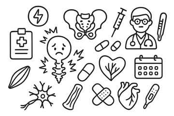 Coccyx Pain Symbols. Hand-drawn doodle illustration coccyx pain pain symbol, coccyx, pelvis, syringe, pill, clipboard, thermometer