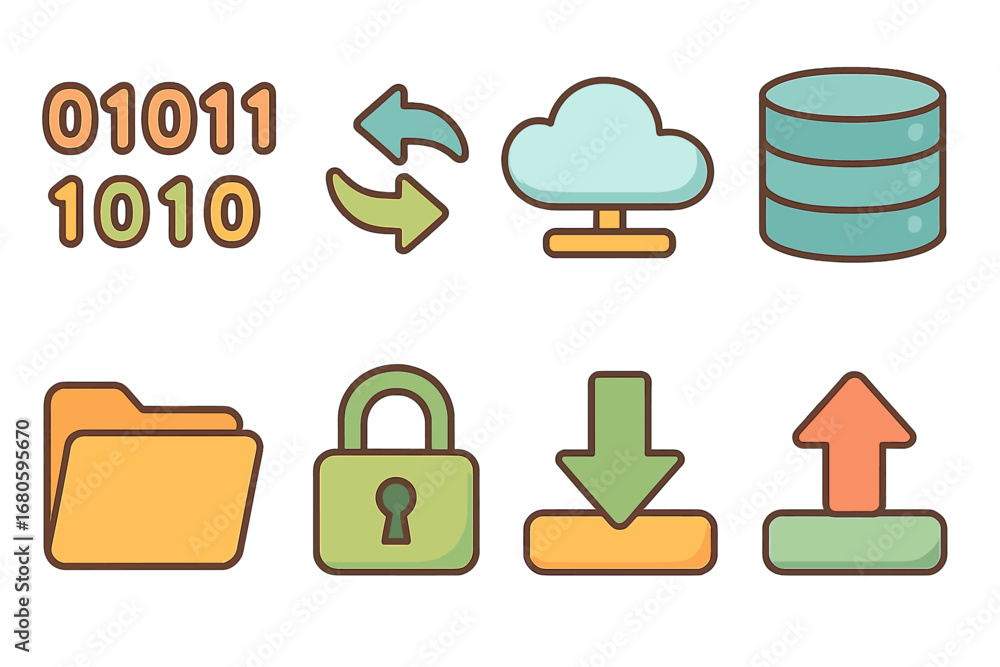 Poster colorful data illustrations. flat vector mini-illustrations data conversion in colors children's ill