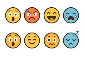 Obraz premium Colorful Emotion Faces. Flat vector mini-illustrations comic emotions in colors children's illustrations: surprised face, angry
