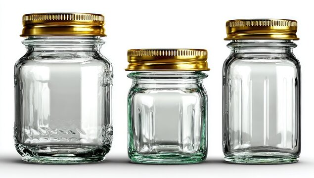 Three glass jars of varying sizes, each with a gold-colored lid