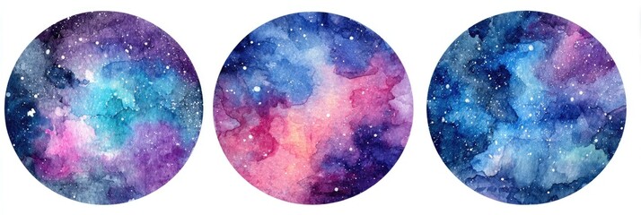 Obraz premium Three circular watercolor galaxy paintings