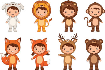 Cute children in animal costumes, cartoon kids dressed as rabbit, lion, fox, bear, deer, monkey, fun character illustration design