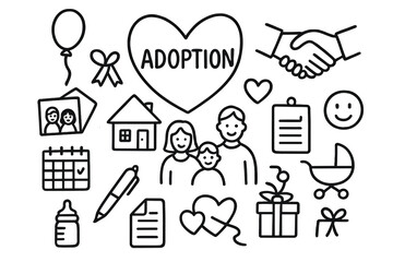 Adoption Doodle Icons. Hand-drawn doodle illustration adoption legal process document, pen, scales of justice, handshake, calendar