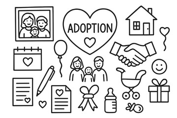 Fototapeta premium Adoption Doodle Icons. Hand-drawn doodle illustration adoption legal process document, pen, scales of justice, handshake, calendar
