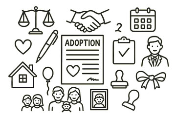 Fototapeta premium Adoption Process Icons. Hand-drawn doodle illustration adoption legal process document, pen, scales of justice, handshake,