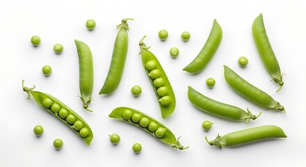 Fresh green peas and pea pods scattered on a clean white background, top view.