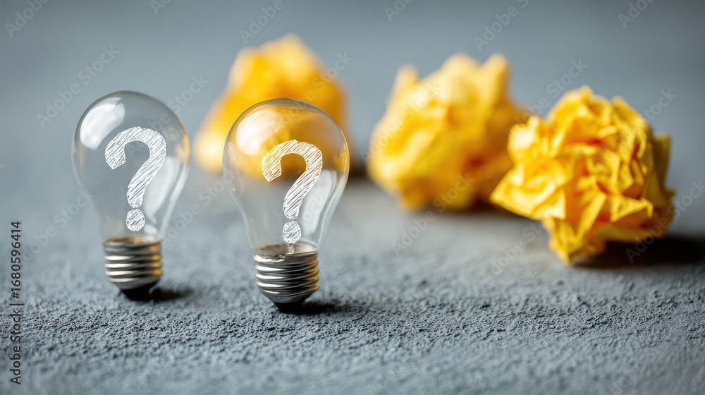 Poster Two Question Mark Light Bulbs Embodying Idea Or Innovation, Encouraging ProblemSolving Brainstorm Sessions for Creative Projects.