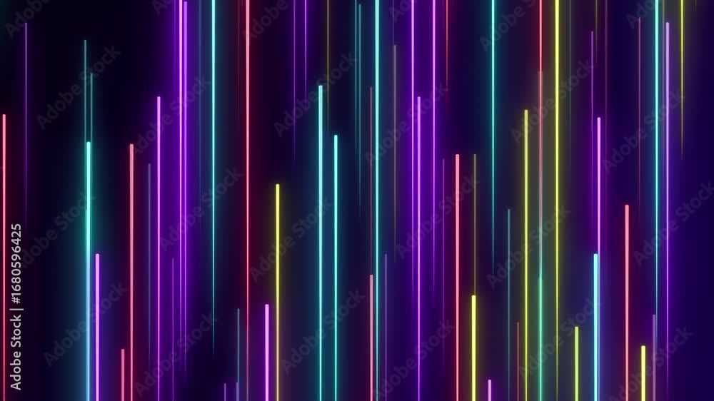 Poster vibrant, multicolored vertical lines glow against a dark background, creating a dynamic, abstract pa