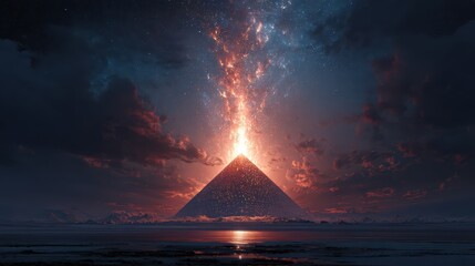 Majestic Illuminated Pyramid Eruption Cosmic Landscape Amidst Archaeological Dig, Inspiring HighEnergy Campaigns Creative Exploration.
