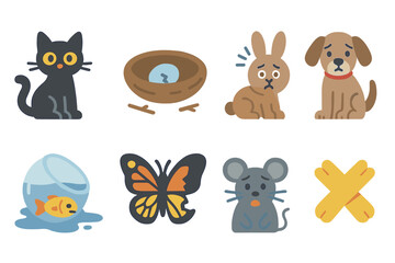 Naklejka premium Animal Bad Luck Icons. Flat vector mini-illustrations bad luck and animals in colors children's illustrations: black cat, broken