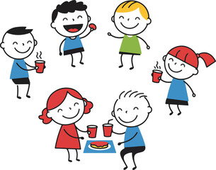Cute stick figure children enjoying a fun party with snacks and drinks. A simple hand-drawn illustration of happy friends gathering and socializing together