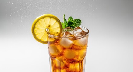 Fototapeta premium Iced tea with lemon and mint in a glass isolated on white background