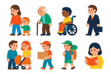 Elevator Passengers Icons. Flat vector mini-illustrations elevator passengers in colors children's illustrations: child holding