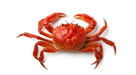 A vibrant red crab with claws extended, isolated on a clean white background, showcasing its detailed shell and legs.