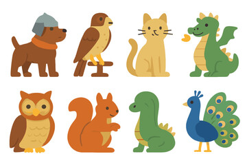Naklejka premium Castle Animal Icons. Flat vector mini-illustrations castle animals in colors children's illustrations: guard dog, falcon, horse,