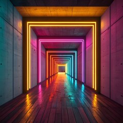 Fototapeta premium Dark, long, empty hotel hallway with a light at the end of the tunnel