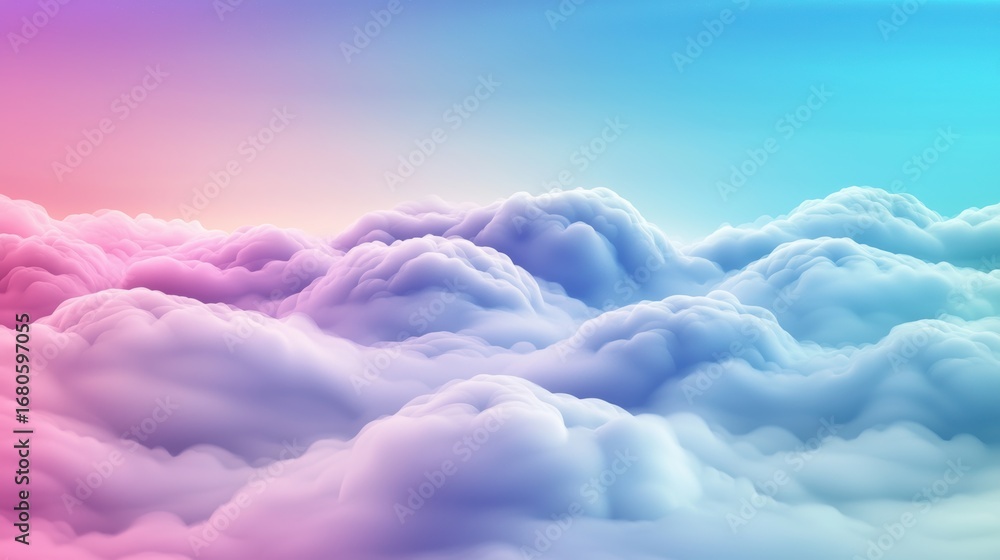 Poster imagination endless rolling hills made of soft clouds bathed in an iridescent glow.