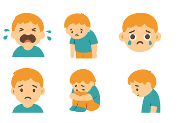 Fototapeta premium Childhood Emotions Icons. Flat vector mini-illustrations helplessness emotions in colors children's illustrations: crying child,