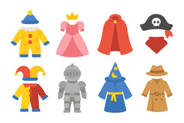 Children's Costume Icons. Flat vector mini-illustrations drama costumes in colors children's illustrations: clown outfit, princess