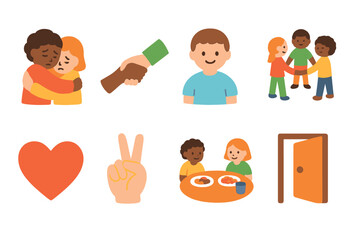 Emotions and Consequences Icons. Flat vector mini-illustrations guilt and support in colors children's illustrations: comforting