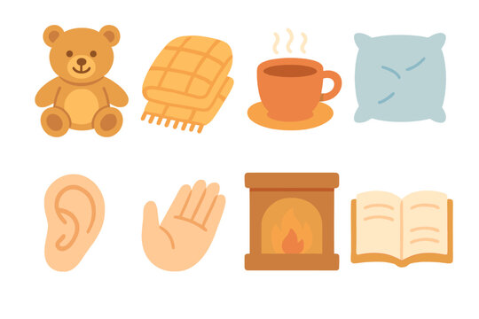 Comforting Icons Grid. Flat vector mini-illustrations comforting symbols in colors children's illustrations: teddy bear, warm