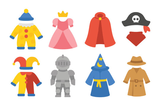 Children's Costume Icons. Flat vector mini-illustrations drama costumes in colors children's illustrations: clown outfit, princess