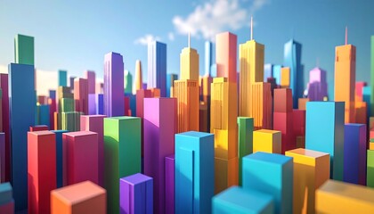 A vibrant, stylized cityscape with colorful, geometric buildings.  A digital, 3D illustration of a city