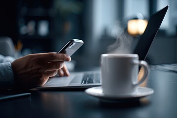 Close-up of hands using a smartphone and laptop, coffee