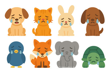 Fototapeta premium Crying Animal Icons. Flat vector mini-illustrations crying animals in colors children's illustrations: crying puppy, sad kitten,