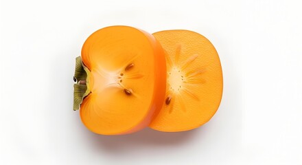 Two halves of a ripe orange persimmon fruit with seeds on a white background, viewed from above.