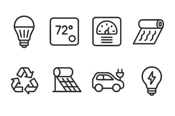 Energy Efficiency Icons. Outline icon set of energy efficiency: LED bulb, smart thermostat, energy meter, insulation, recycling,