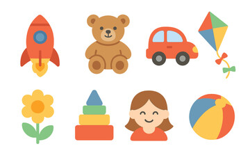 Fototapeta premium Children's Icon Grid. Flat design illustrations, designed as children's illustrations. All icons equally spaced in a 2×4 grid (4