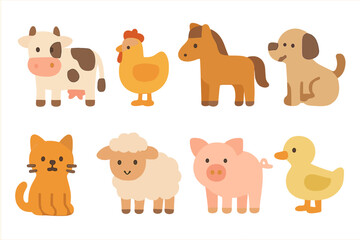 Fototapeta premium Cute Village Animals. Flat vector mini-illustrations village animals in colors children's illustrations: cows, chickens, horses,